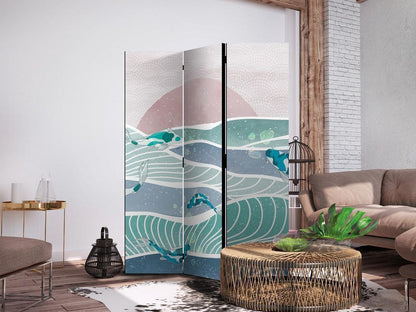 Room Divider - Picturesque Landscape With Fish - Sunset And Koi Fish in Shades of Turquoise And Blue Floating Above The Water