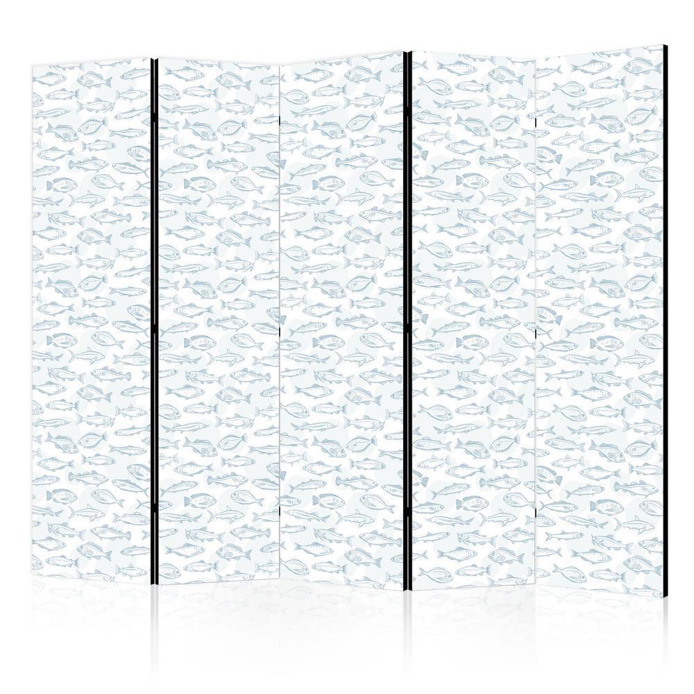 Room Divider - Blue Fish - Blue Outlines of Various Fish Species on a White-Blue Background- A 5 Panel Folding Screen For Living rooms, bedrooms or home office, decorative folding screen made with wood and canvas