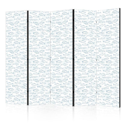 Room Divider - Blue Fish - Blue Outlines of Various Fish Species on a White-Blue Background- A 5 Panel Folding Screen For Living rooms, bedrooms or home office, decorative folding screen made with wood and canvas