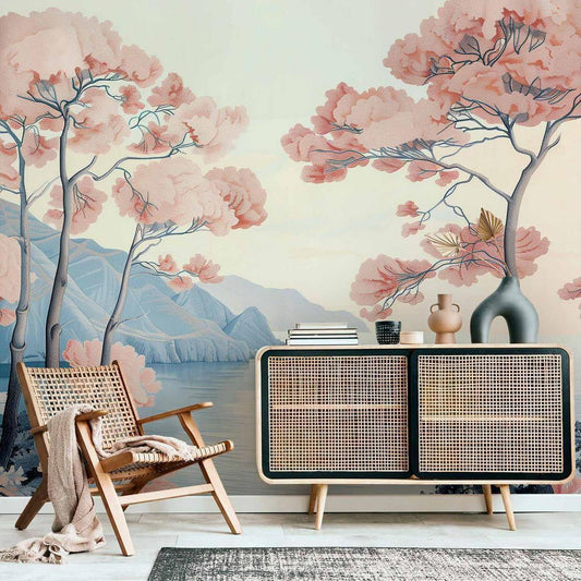 Wall Mural - Landscape with the Ocean Cliffs and Trees in Delicate Pink Shades