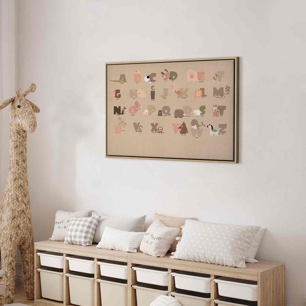 Impression sur toile - Alphabet au zoo - Animaux joyeux et leurs noms sur fond beige