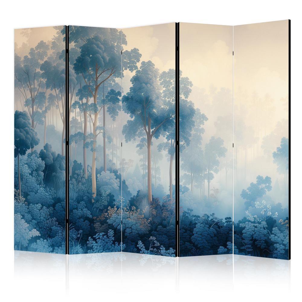 Room Divider - Landscape With Trees in Illustration Style Fairy Blue Forest- A 5 Panel Folding Screen For Living rooms, bedrooms or home office, decorative folding screen made with wood and canvas