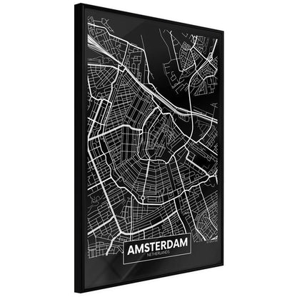 Wall Art Framed - City Map: Amsterdam (Dark)-artwork for wall with acrylic glass protection