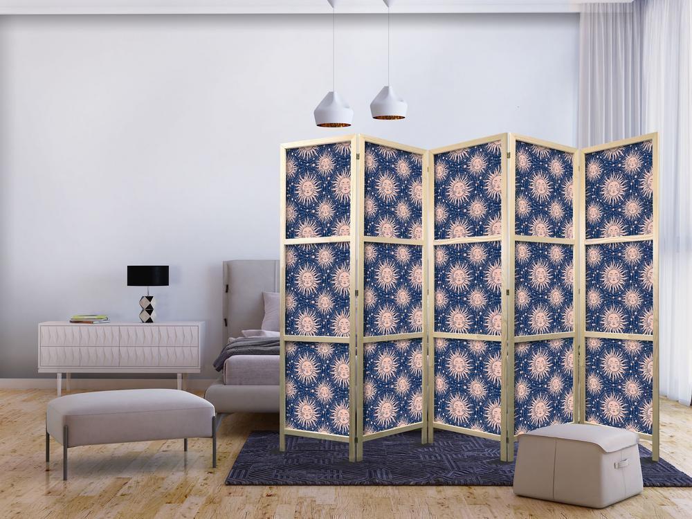 Japanese Room Divider - Sunny Patterns - Repeating Sun Motif on a Navy Background