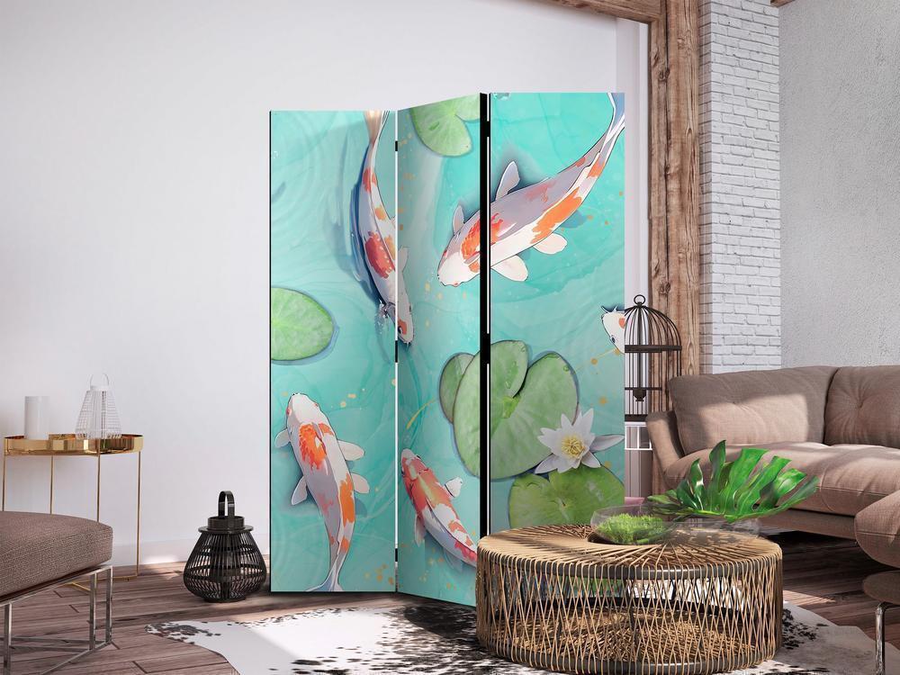 Room Divider - Spectacular Fish - White-Orange Koi Fish Swimming in Crystal Clear Water with Water Lilies