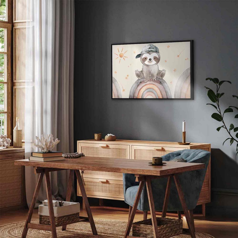 Canvas Print - Happy Sloth - Sloth in Subdued Colors Wearing a Cap Sitting on a Rainbow Among Little Stars