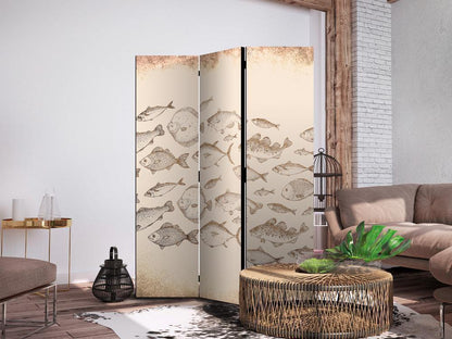 Room Divider - Sketch of a Fish School - Sketches of Various Fish Species Swimming in a School on a Beige Background in Vintage Style