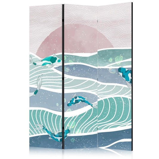 Room Divider - Picturesque Landscape With Fish - Sunset And Koi Fish in Shades of Turquoise And Blue Floating Above The Water