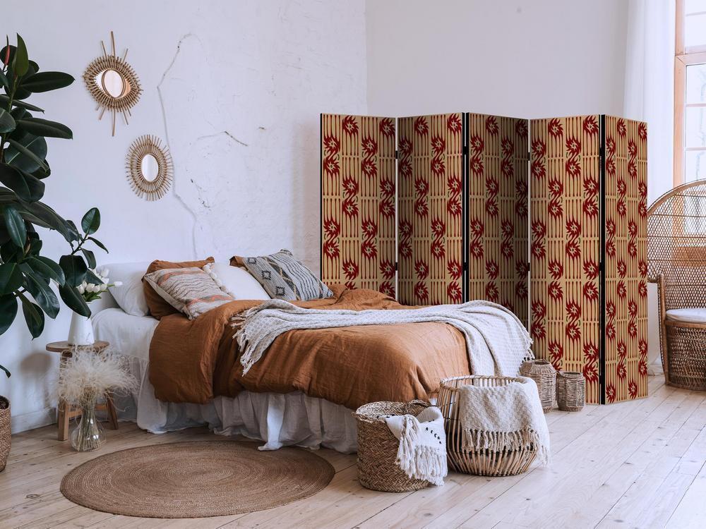 Room Divider - Predatory Features - Red Abstract Shapes Inspired by Tribal- A 5 Panel Folding Screen For Living rooms, bedrooms or home office, decorative folding screen made with wood and canvas