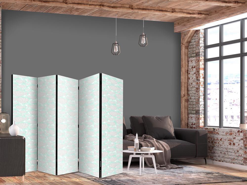 Room Divider - Minimalist Fish - Fishes With Grey Dots Against a Crystal Sheet of Water in Mint Green Colors- A 5 Panel Folding Screen For Living rooms, bedrooms or home office, decorative folding screen made with wood and canvas