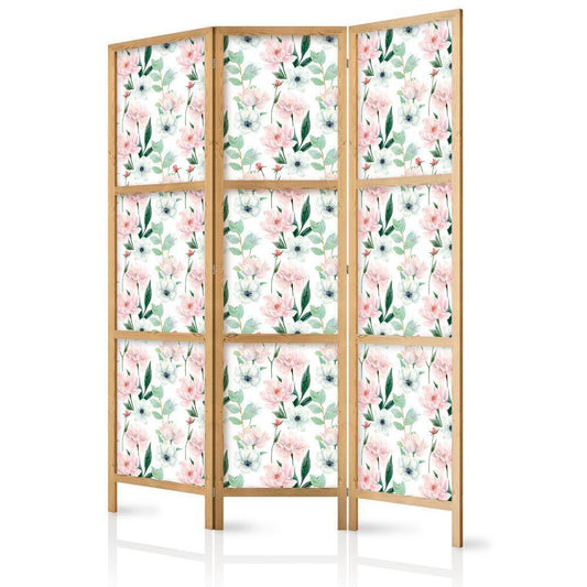 Japanese Room Divider - Peonies - Pink and White Flowers and Green Leaves on a White Background