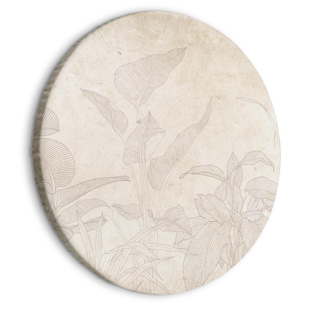 Circle shape wall decoration with printed design - Round Canvas Print - Muted exotic greenery - Delicate outlines of tropical shrubs on beige and sand background/Subtle exotic plants - ArtfulPrivacy