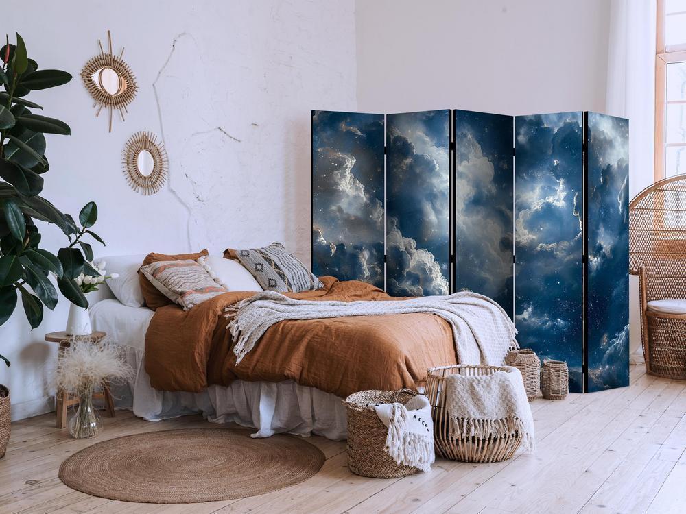 Room Divider - Astronomical Wonders: Clouds and Stars in Harmonious Combination- A 5 Panel Folding Screen For Living rooms, bedrooms or home office, decorative folding screen made with wood and canvas