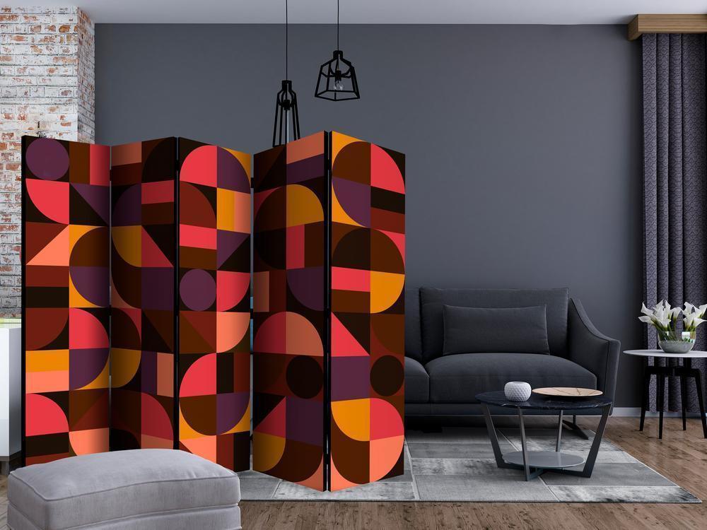 Room Divider - Geometric Mosaic (Red) II- A 5 Panel Folding Screen For Living rooms, bedrooms or home office, decorative folding screen made with wood and canvas