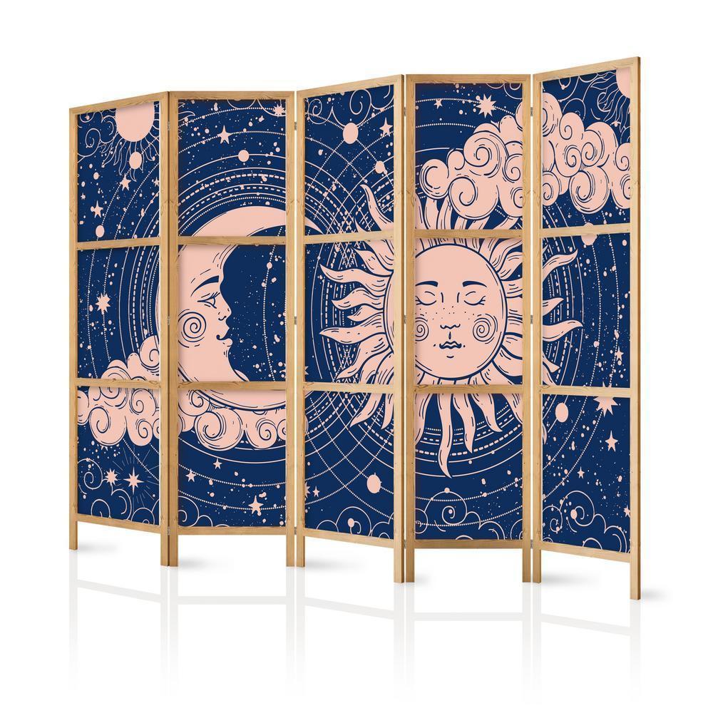 Japanese Room Divider - Cosmic Harmony - Illustration of the Sun and Moon on a Navy Background