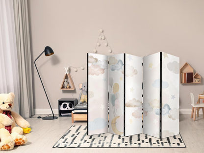 Room Divider - Fairy-Tale Moon - Moon with Balloons Among Clouds and Stars in Subdued Colors on a Light Beige Background- A 5 Panel Folding Screen For Living rooms, bedrooms or home office, decorative folding screen made with wood and canvas