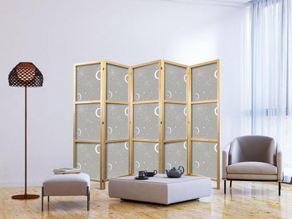 Japanese Room Divider - Cosmic Fireworks - Elegant Pattern with Moons and Stars on a Gray Background