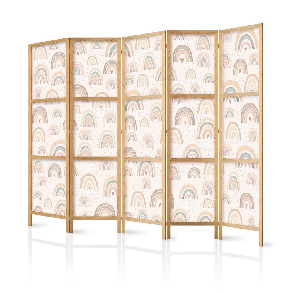 Japanese Room Divider - Spring - Pastel rainbows on a rainy day with hearts