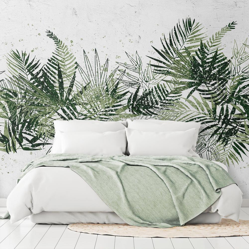 Wall Mural - Jungle and green plume - large tropical leaves on a white background-Wall Murals-ArtfulPrivacy