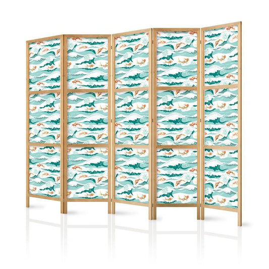 Japanese Room Divider - Fish Jumping Over Waves - Oriental Fish and Water Lilies Among High Waves in Shades of Sea Green