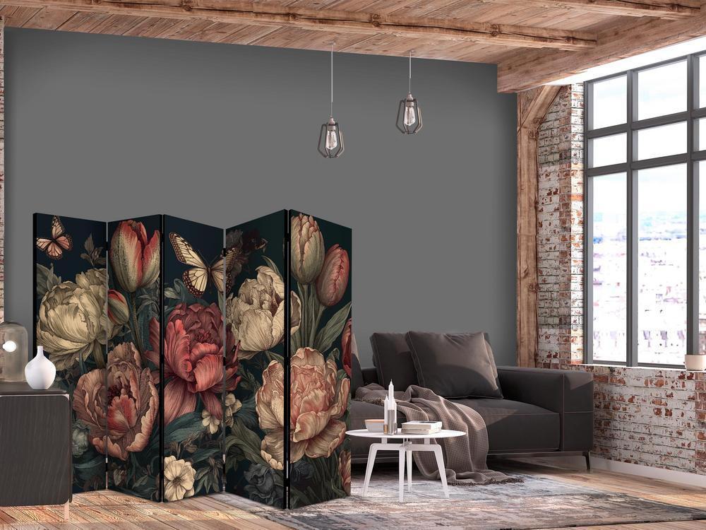 Room Divider - Floral Illustration - Magnificent Flower Buds on a Turquoise Background- A 5 Panel Folding Screen For Living rooms, bedrooms or home office, decorative folding screen made with wood and canvas