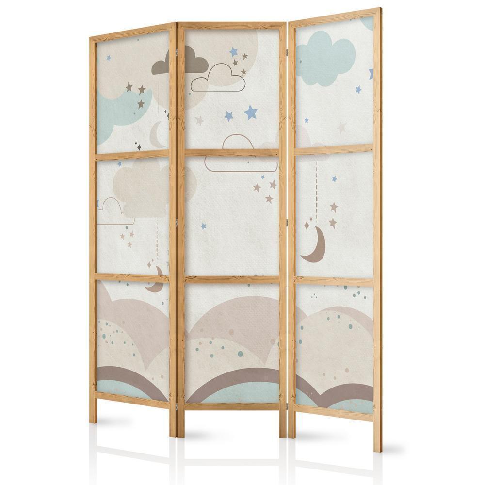 Japanese Room Divider - Cloudy Night Sky - Moons in browns and beiges among numerous clouds and stars on a light background