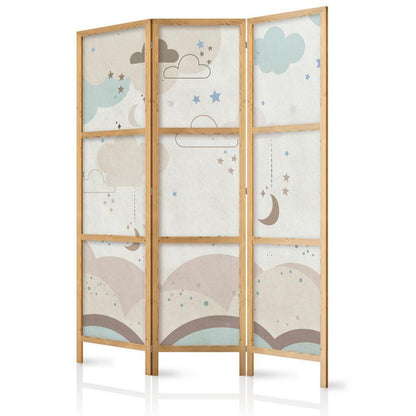 Japanese Room Divider - Cloudy Night Sky - Moons in browns and beiges among numerous clouds and stars on a light background