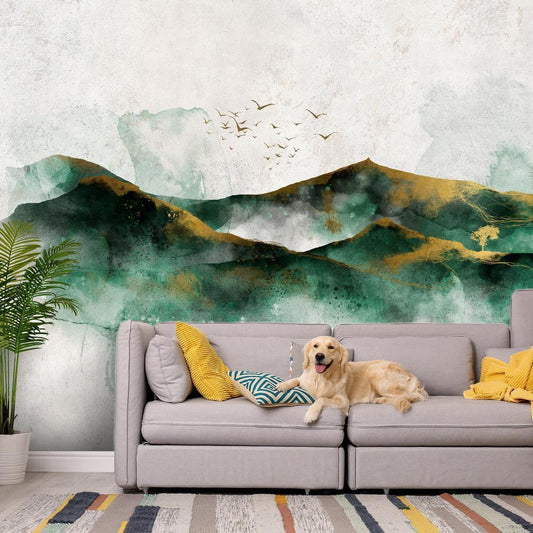 Wall Mural - Abstract landscape - green mountains with golden patterns and birds-Wall Murals-ArtfulPrivacy