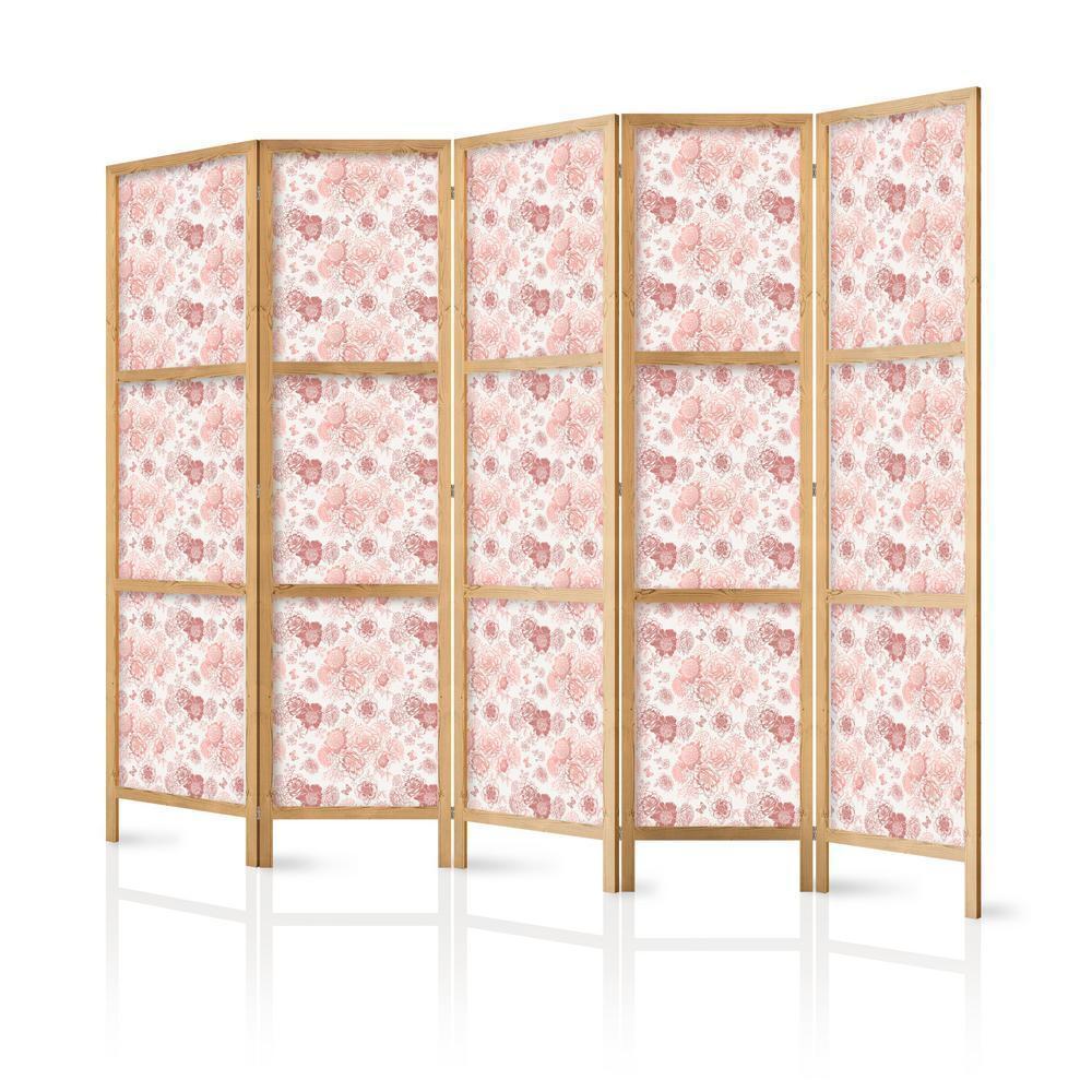 Japanese Room Divider - Pink Blossoming - Flowers in Warm Colors on a White Background