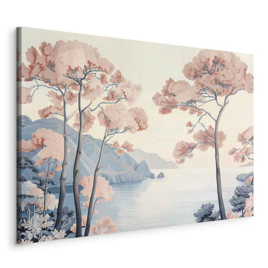 Impression sur toile - Paysage avec falaises et arbres océaniques aux tons roses délicats