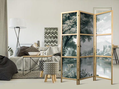 Japanese Room Divider - View of the Park and Lake - Retro Vintage Landscape in Greens