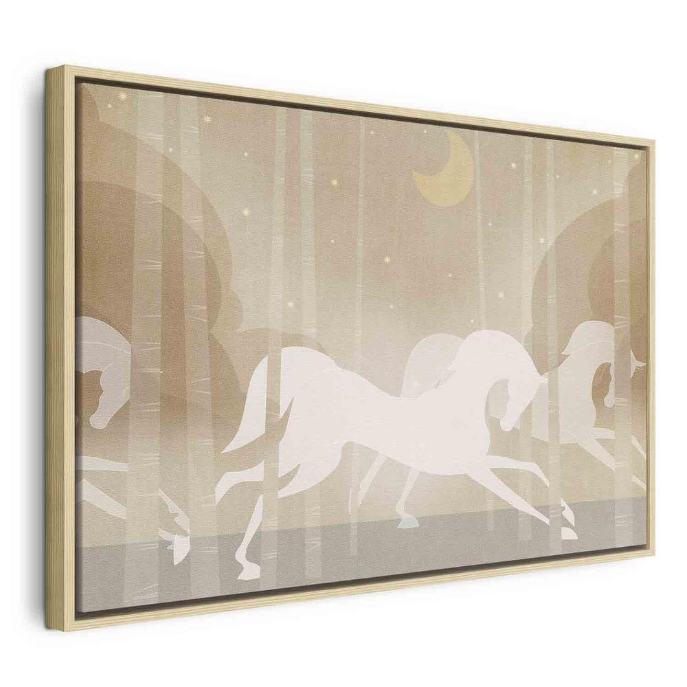 Impression sur toile - Chevaux de lune - Chevaux galopant parmi les arbres par une nuit étoilée