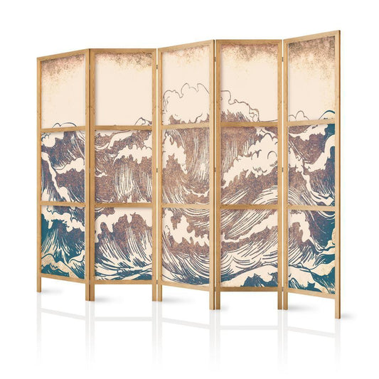 Cloison de séparation japonaise - Océan turbulent - Hautes vagues aux couleurs marron et bleu marine sur fond beige dans un style vintage