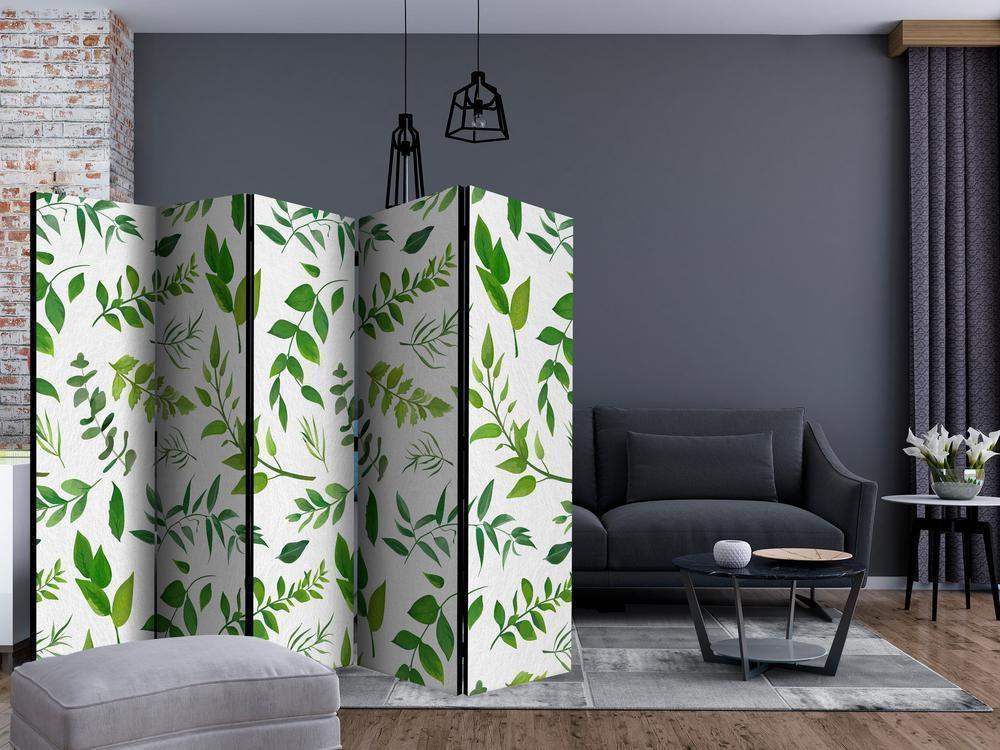 Room Divider - Green Twigs II- A 5 Panel Folding Screen For Living rooms, bedrooms or home office, decorative folding screen made with wood and canvas