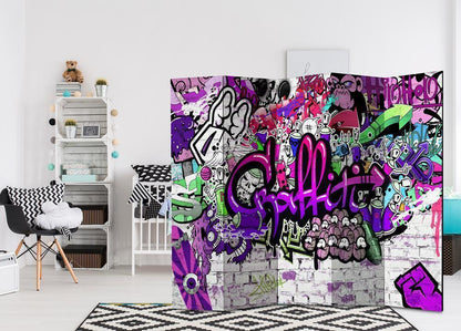 Decorative partition-Room Divider - Purple Graffiti-Folding Screen Wall Panel by ArtfulPrivacy