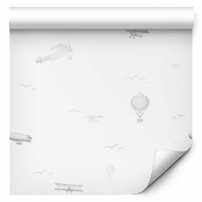 Wallpaper - Drawing - Airplanes - balloons - and airships against a sky full of birds