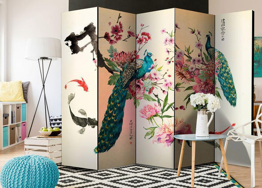 Decorative partition-Room Divider - Peacock Love II-Folding Screen Wall Panel by ArtfulPrivacy
