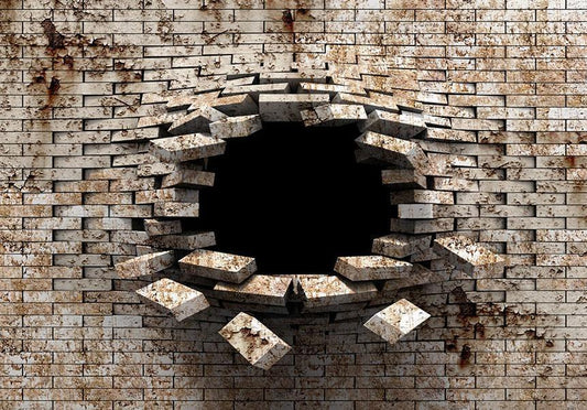 Wall Mural - 3D Wall Entry - Background with Dirty White Brick with a Prominent Hole-Wall Murals-ArtfulPrivacy