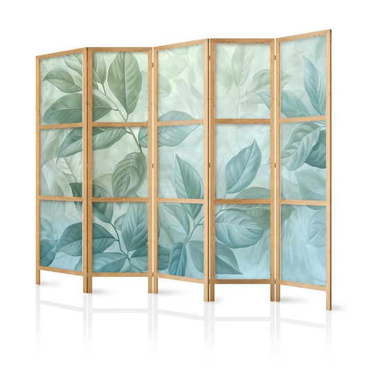 Japanese Room Divider - Large Leaves in Green-Mint Shades - Botanical Motif