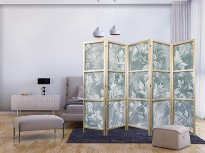 Japanese Room Divider - Ornaments in Worn Muted Turquoises - Delicate Plant Pattern