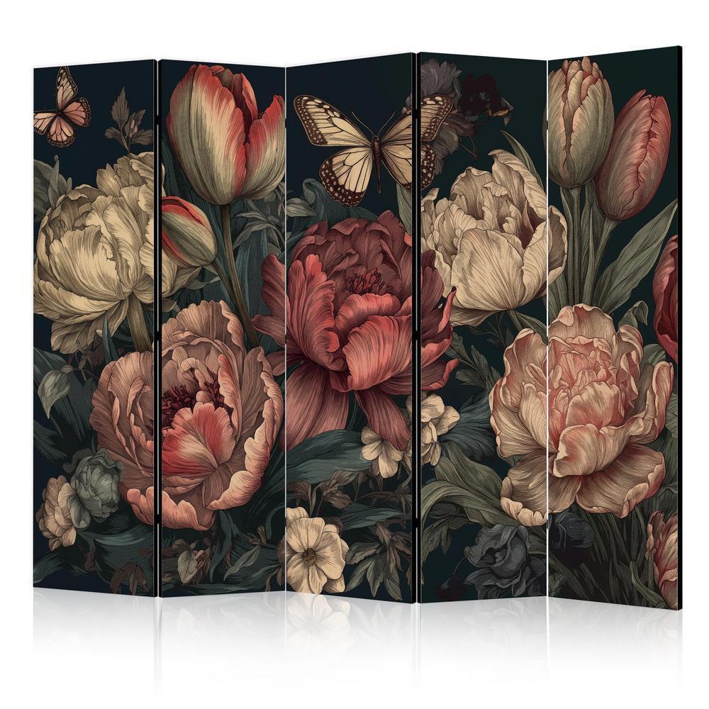 Room Divider - Floral Illustration - Magnificent Flower Buds on a Turquoise Background- A 5 Panel Folding Screen For Living rooms, bedrooms or home office, decorative folding screen made with wood and canvas