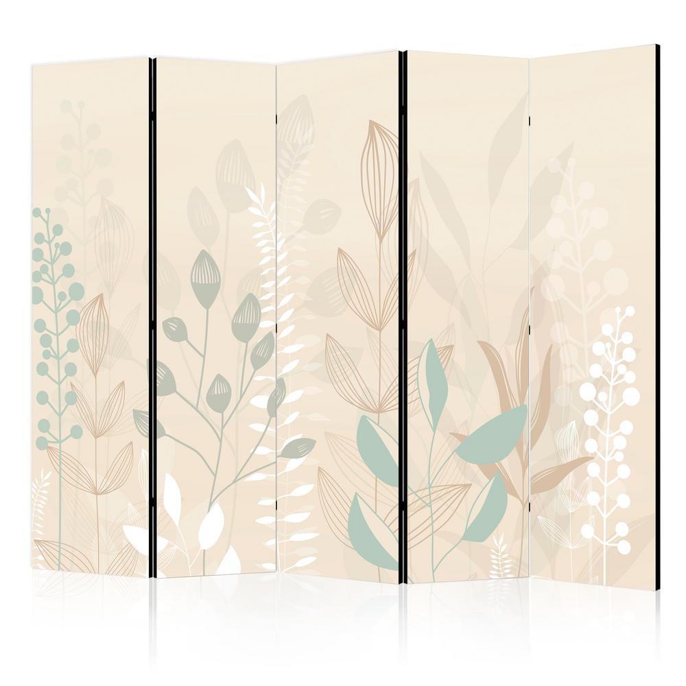 Room Divider - Morning in the Meadow - Various Pastel Plants on a Beige Background- A 5 Panel Folding Screen For Living rooms, bedrooms or home office, decorative folding screen made with wood and canvas