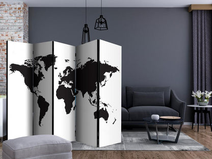 Room Divider - Black & White World II- A 5 Panel Folding Screen For Living rooms, bedrooms or home office, decorative folding screen made with wood and canvas