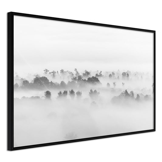 Black and White Framed Poster - Fog Over the Forest-artwork for wall with acrylic glass protection