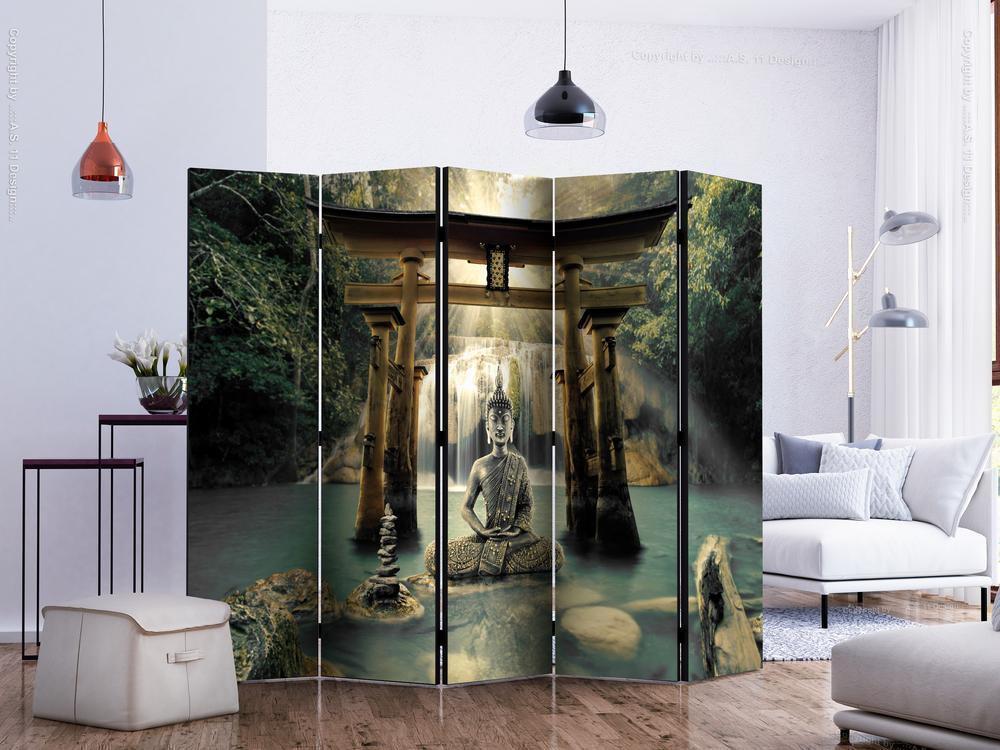Decorative partition-Room Divider - Buddha Smile II-Folding Screen Wall Panel by ArtfulPrivacy