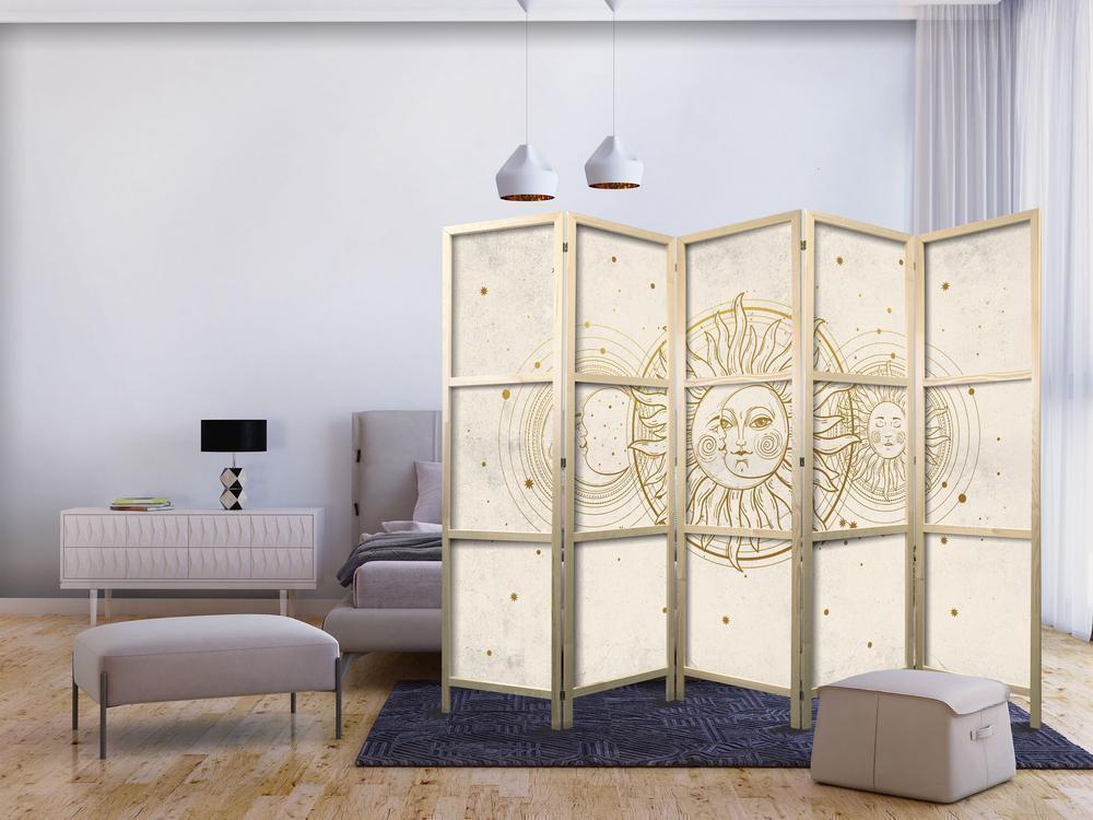 Japanese Room Divider - Golden Sun and Moon - Artistic Illustration in Retro Style