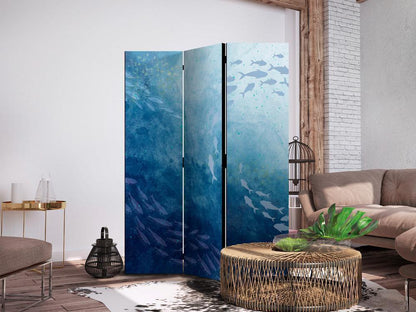 Room Divider - Schools of Fish - Luminous Clusters of Fish in Blue Hues Amidst the Sea Depths