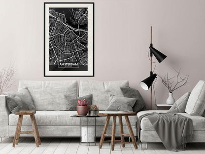 Wall Art Framed - City Map: Amsterdam (Dark)-artwork for wall with acrylic glass protection