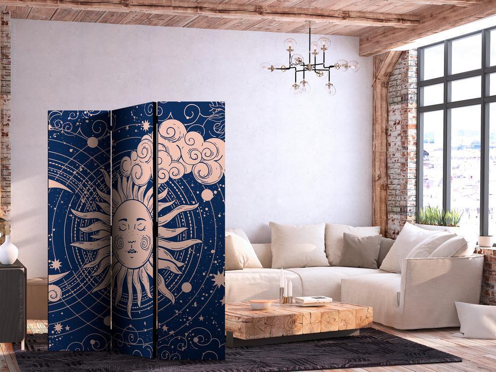 Room Divider - Cosmic Harmony - Illustration of the Sun and Moon on a Navy Background