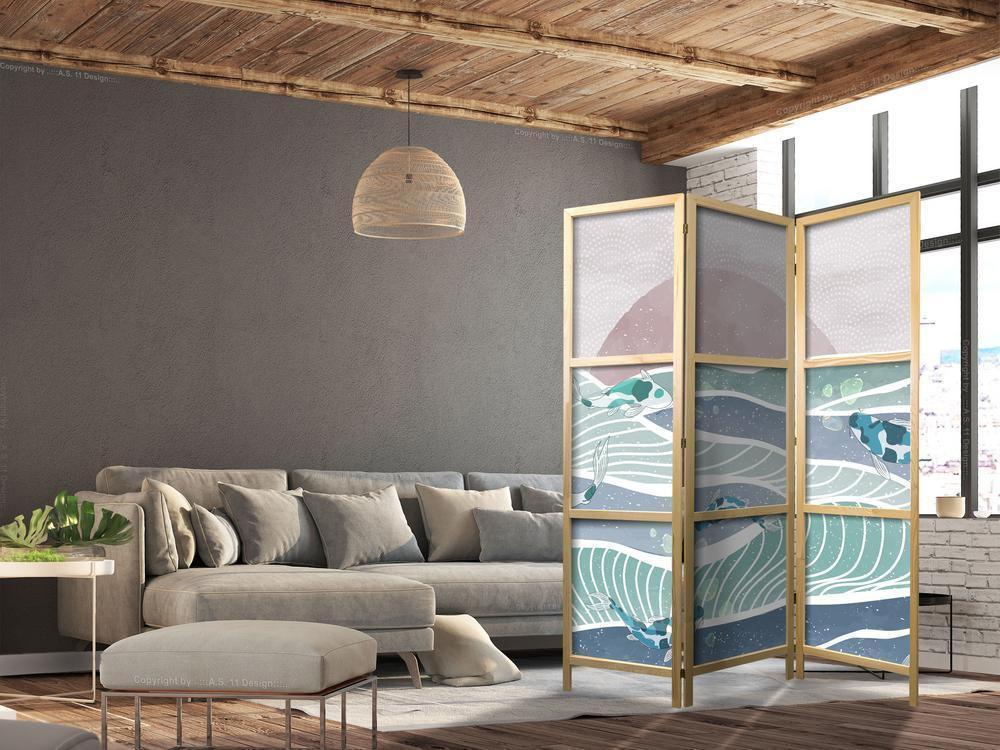 Japanese Room Divider - Picturesque Landscape with Fish - Sunset and Koi Fish in Shades of Turquoise and Blue Floating Above Water